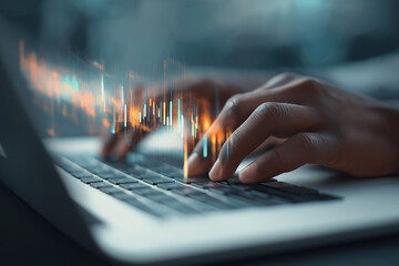 Close-up of hands typing on a laptop with futuristic financial graphs overlay.