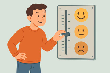 Man regulating emotions with a control panel slider. Mental health, mood management, and emotional intelligence concept. Character choosing a positive mood from sad to happy. Cartoon vector.