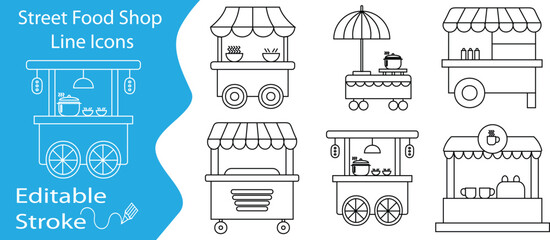 Street food vendor cart icon set in editable stroke style. Includes mobile food stalls, cookware, bowls, umbrellas, and minimal clean line design. © ASADUJJAMAN