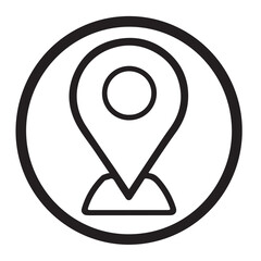 A circular black and white vector icon featuring a map pin or location marker.