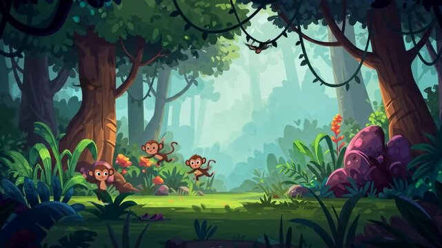 Two animated monkeys leaping through a colorful jungle forest illustration