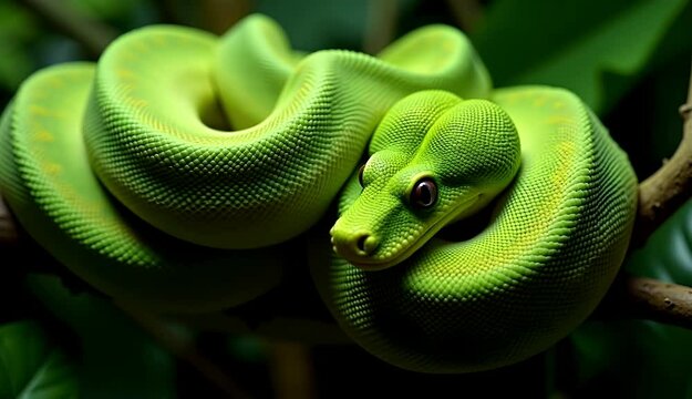 A bright green python curled on a branch surrounded by rich greenery.