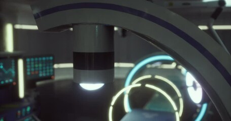 A close up view of advanced medical technology in a modern healthcare setting. The equipment displays lights and screens, indicating a complex, high tech environment. - Powered by Adobe