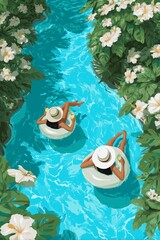 Two women relax on inner tubes in a vibrant, flower-filled waterway.