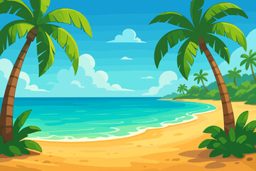 Obraz premium Idyllic Cartoon Tropical Beach Landscape with Golden Sand, Palm Trees, Turquoise Ocean, Blue Sky and Fluffy Clouds. Summer Vacation Paradise Coast Vector Illustration, Relaxing Seaside Scenery