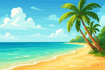 Idyllic tropical beach landscape with golden sand, turquoise crystal clear water, palm trees, lush greenery, blue sky, fluffy clouds. Summer paradise coast vector illustration. Vacation travel concept