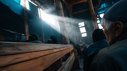 Sunlit Gathering: An evocative glimpse into a historic building, with rays of light piercing through dust motes, illuminating the quiet contemplation of a group.