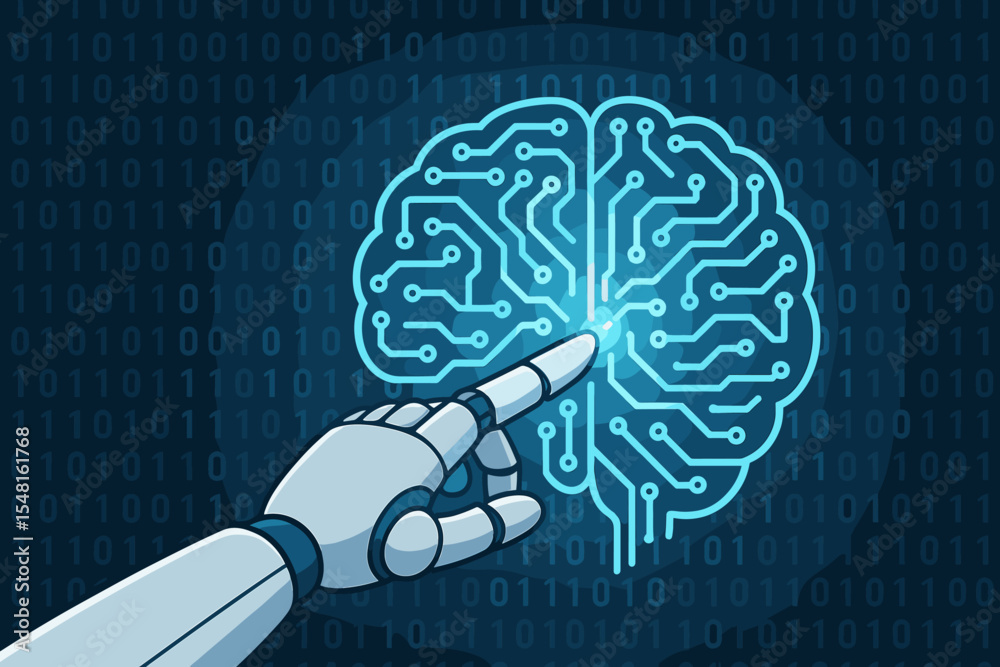 Poster artificial intelligence robot hand touches glowing circuit brain, machine learning neural network, f