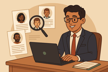Human resources manager reviewing resumes and job applications on laptop, candidate selection process, recruitment search, hiring qualified talent, vector cartoon illustration, office workplace
