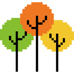 Pixel art autumn trees in green, orange, and yellow colors. 8-bit trees 