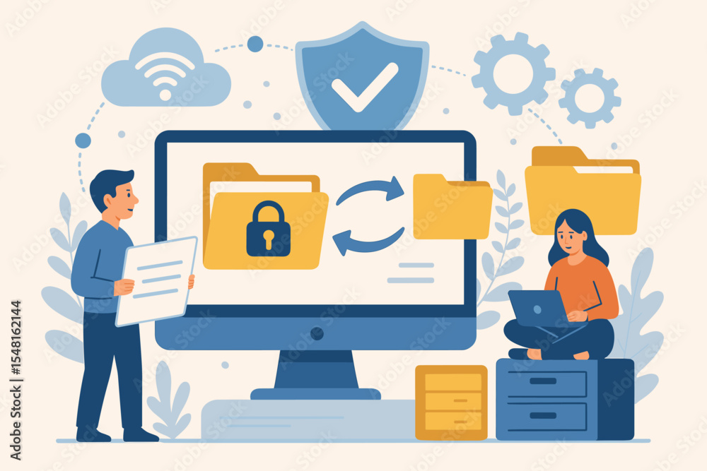 Poster secure file transfer and data management concept, encrypted document exchange, cloud storage, data p