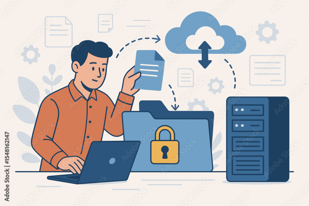 Poster secure cloud file transfer and data management. vector illustration of man uploading documents, shar