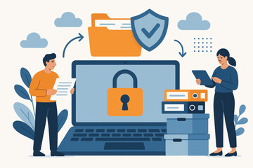 Secure document management and file transfer. Data privacy protection, online cloud storage, digital file sharing, encryption, cyber security, safe information exchange. Vector illustration.