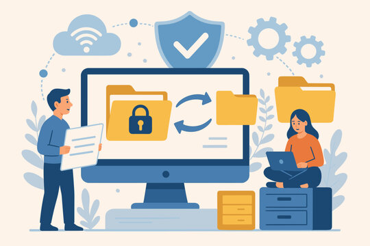 Secure File Transfer and Data Management Concept, Encrypted Document Exchange, Cloud Storage, Data Protection, Team Collaboration, Digital Security Workflow, Vector Cartoon Illustration