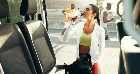 Runner, drinking and smoothie with woman in city for workout, protein shake and training. Health, energy and fitness nutrition with person and car for marathon exercise, sports and running athlete
