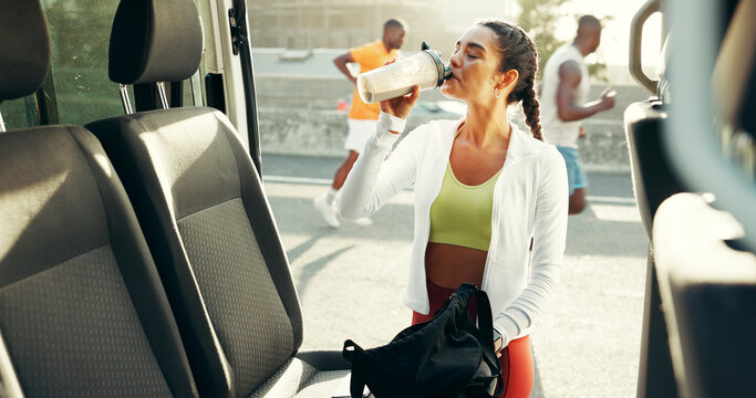 Runner, drinking and smoothie with woman in city for workout, protein shake and training. Health, energy and fitness nutrition with person and car for marathon exercise, sports and running athlete