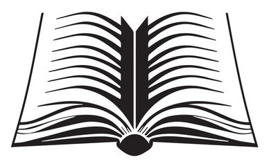 Black and white vector illustration of an open book with pages, symbolizing knowledge, learning, education, or reading.