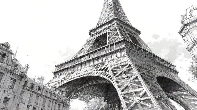 Captivating Sketch of Eiffel Tower and Parisian Architecture, Black and White Detailed Art