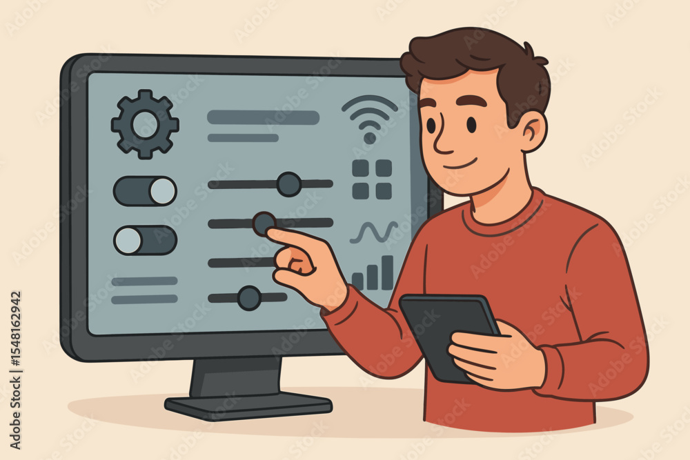 Poster concept of personalization and user experience. man customizing system settings. administrator adjus
