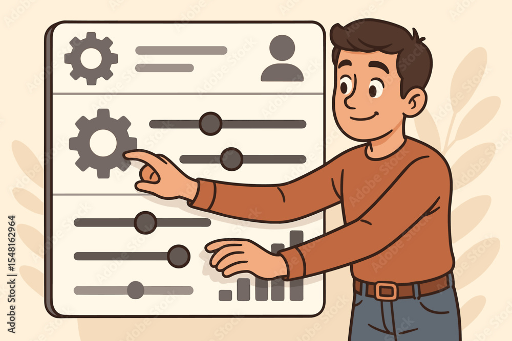 Poster young man customizing user interface on a digital control panel. cartoon character adjusting setting