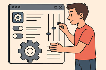 Man customizing system settings, adjusting control panel sliders. User personalization and configuration concept. Male character interacts with software UI for setup. Vector illustration.