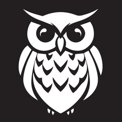 A white stylized vector owl with large, watchful eyes and detailed feather patterns, set against a black background, conveying wisdom or nocturnal themes.