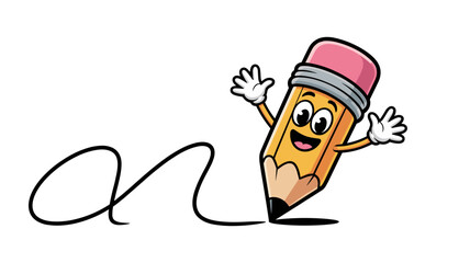 Happy cartoon pencil character drawing a line with smiling expression