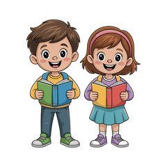 Cute cartoon boy and girl holding books with happy smiling faces