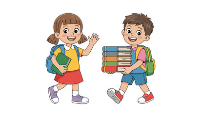 Happy cartoon school kids carrying books and backpacks