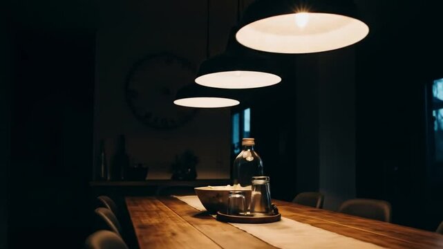 Modern Dining Table Under Warm Pendant Lights