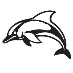 Black and white vector illustration of a leaping dolphin, symbolizing intelligence, playfulness, and the ocean.