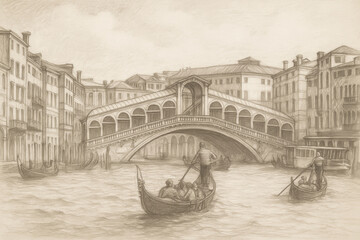 A pencil sketch of the Rialto Bridge over the Grand Canal in Venice, Italy, with gondolas beneath it and historic buildi