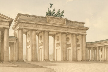 A detailed pencil sketch of the Brandenburg Gate in Berlin, Germany, featuring neoclassical columns and the Quadriga scu
