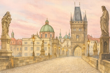A watercolor painting of the Charles Bridge in Prague, Czech Republic, with statues lining the bridge and the iconic Old