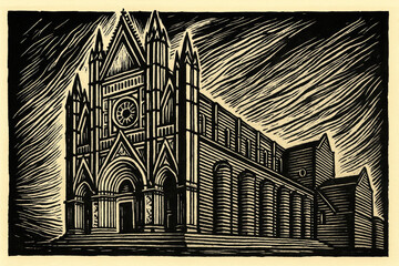 A linocut-style print of the Notre-Dame Cathedral in Amiens, France, showcasing its gothic architecture with towering sp