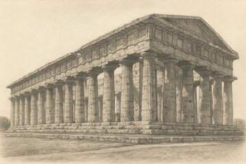 Pencil sketch of the Temple of Hera in Paestum, Italy, showcasing its iconic Doric columns and ancient architectural gra
