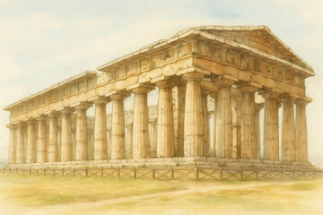 A watercolor painting of the Temple of Neptune in Paestum, Italy, showcasing the ancient structure's graceful columns an