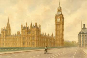 Watercolor depiction of the Palace of Westminster in London, featuring Big Ben and the bridge with a cyclist, capturing