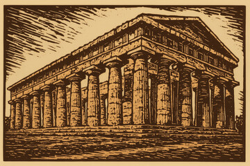 Linocut of the Temple of Neptune in Paestum, Italy, showcasing the majestic Doric columns and the ancient Greek temple's