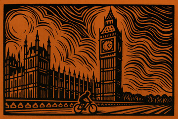 A linocut-style illustration of the Palace of Westminster and Big Ben in London, with a cyclist passing by on Westminste