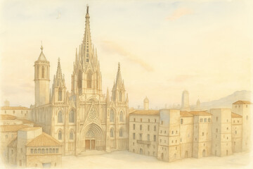 Detailed pencil sketch of the Barcelona Cathedral, a masterpiece of Gothic architecture in Barcelona, Spain, highlightin