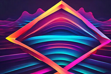 Abstract vibrant pink, blue, and orange wave pattern with a geometric diamond frame