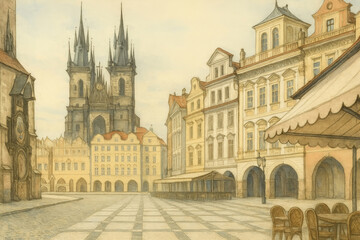 A watercolor-style illustration of the Old Town Square in Prague, Czech Republic, with the Church of Our Lady before Tyn