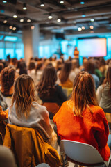 Obraz na płótnie Canvas Colorful crowd watching female presenter during modern conference