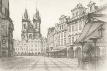 Pencil sketch of the Old Town Square in Prague, Czech Republic, featuring the iconic Church of Our Lady before Tyn and h