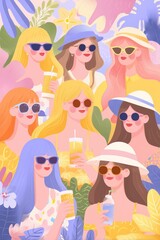 Group of young women enjoying drinks in summer outfits, surrounded by tropical leaves.
