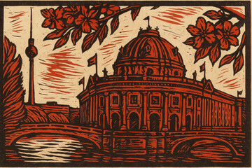 A linocut of the Bode Museum in Berlin, Germany, with the Berlin TV Tower in the background. The artwork is dominated by