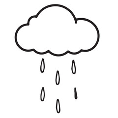 Black and white vector illustration of a cloud with falling raindrops, representing weather, rain, or precipitation.