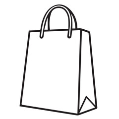 A simple black outline vector drawing of a shopping bag with handles, suggesting retail or purchase.