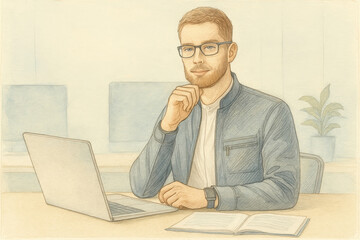 A young man with glasses, wearing a blue jacket, sits at a desk with a laptop, contemplating with one hand on his chin.